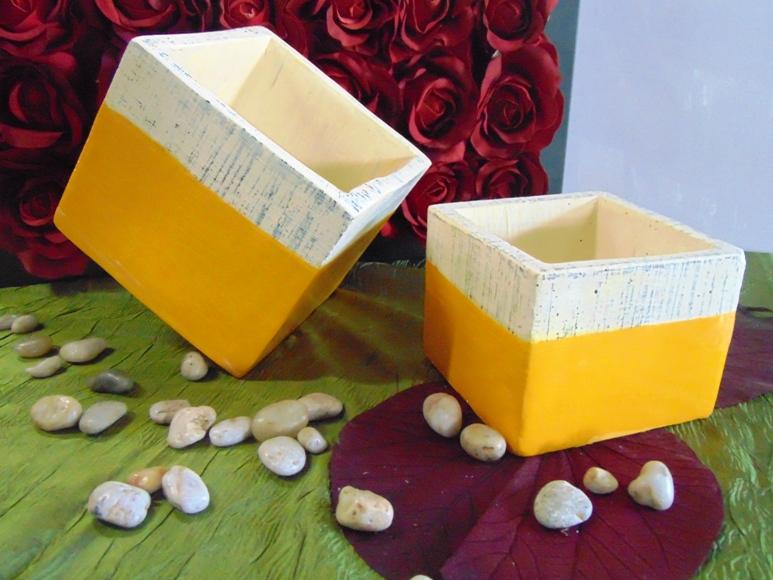 Cubo x 2 Ceramica Bicolore - Sconti per Fioristi e Aziende - Avorio/ Arancio/ Marrone/ Giallo