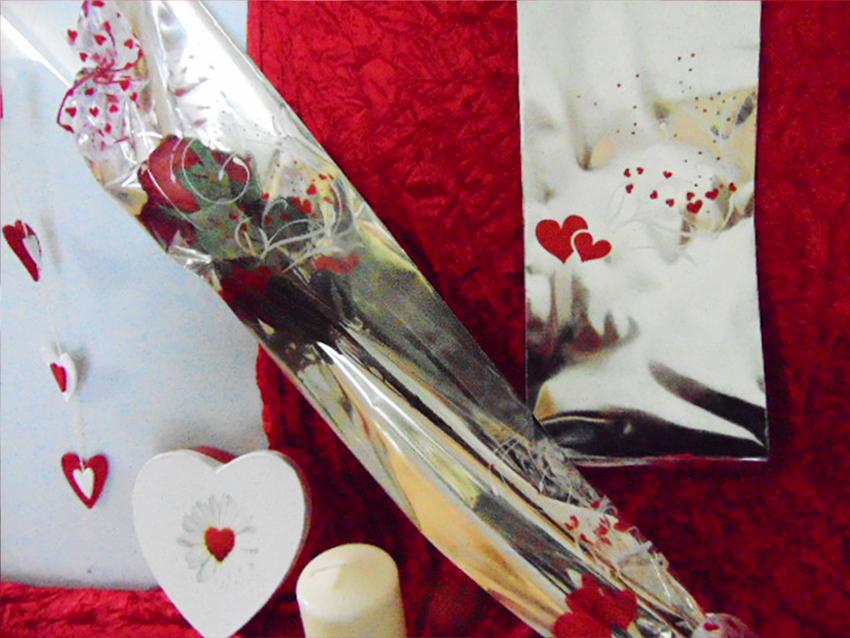 Busta per rose H 16 x 100 - Confezione da 100 buste - Stampa cuori + F/Argento