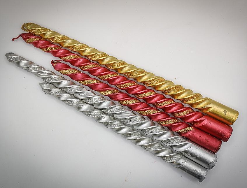 Candele Torciglione x 2 - Sconti per Fioristi e Aziende - H 20 e 25 glitterati   Oro/Rosso/Argento