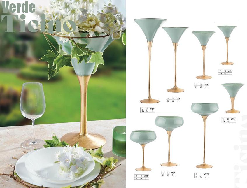 Coppe Martini e Coppe Bombate in Vetro Verde/Oro Linea Ticino Sconti per Fioristi, Wedding e Aziende