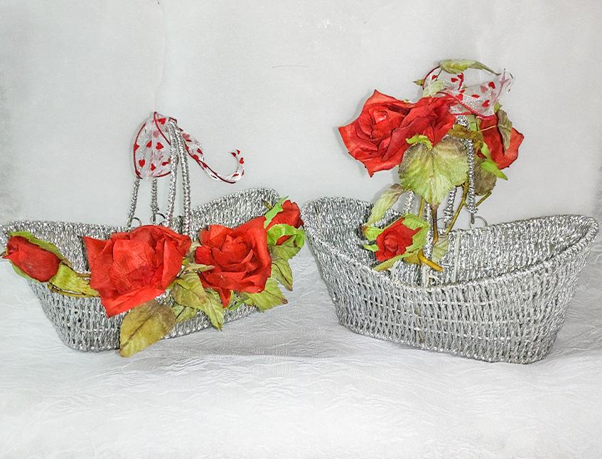 Cesto Argento rose rosse  - Sconti per Fioristi e Aziende - cm.31x17 H 2 c/manici1