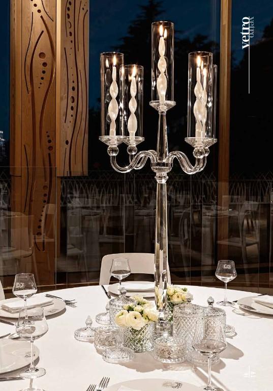 Candelabro in vetro a 5 fuochi - Sconti per Fioristi e Aziende - con parafiamma H 120 cm.