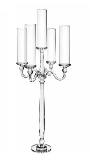 Candelabro in vetro a 5 fuochi - Sconti per Fioristi e Aziende - con parafiamma H 120 cm.