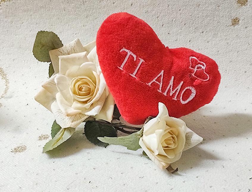 Cuscino Cuore Velluto Rosso - Sconti per Fioristi e Aziende - Dm. 12 con scritta Ti amo