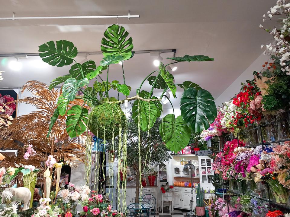 Monstera Kokedama H 120 - Sconto per Fioristi e Aziende . - Artificiale con 19 foglie su sfeta