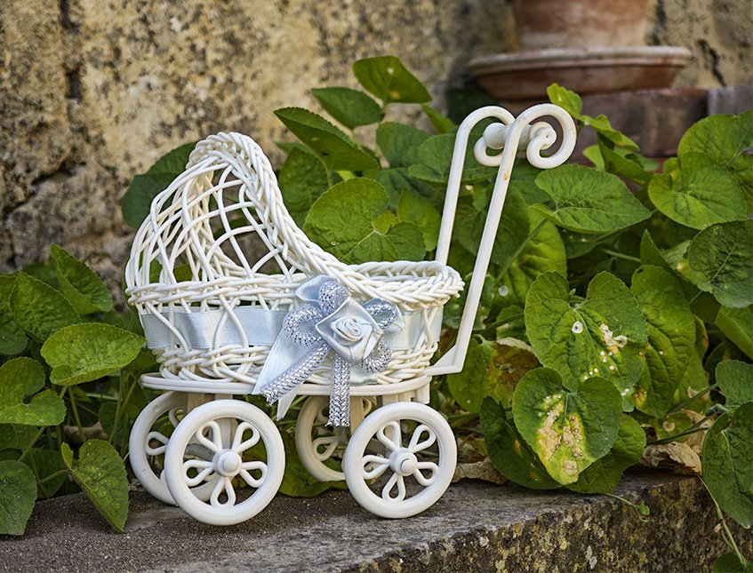 Carrozzina portaconfetti H 19 - Sconto per Fioristi e Aziende . - per Matrimonio e Feste