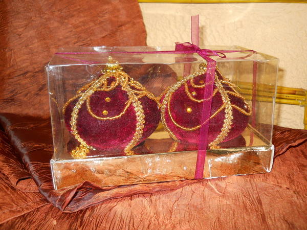 Palline x 2 velluto Rosso - Sconti per Fioristi e Aziende - Sferoide dm. 8 decoro oro