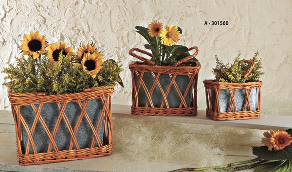 Cesti rettangolari set x 3  - Sconti per Fioristi e Aziende - in vimini con latta colorata
