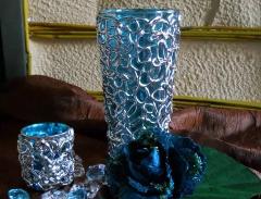 Vasi in vetro turchese decoro argento H 20 e H 7 - Sconti per Fioristi e Aziende