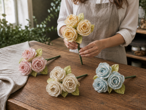 Rose x 3 in organza piccole - Sconto per Fioristi e Aziende - Artificiali