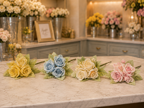 Rose x 3 in organza medie - Sconto per Fioristi e Aziende - Artificiali