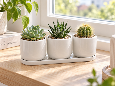 Vassoio con 3 vasetti - Sconto per Fioristi e Aziende - In ceramica H 11 dm. 13