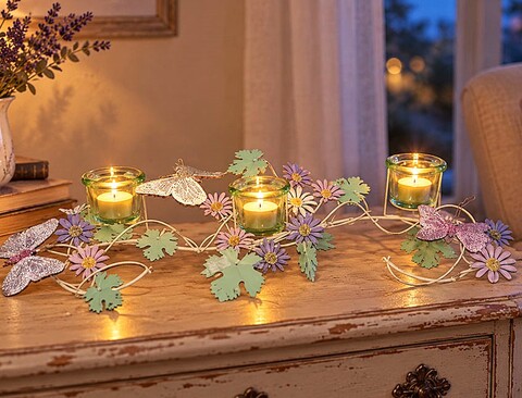 Porta candela x 3 in metallo - Sconti per Fioristi e Aziende -decorato con farfalle e fiori