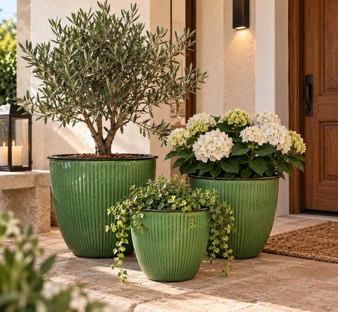 Cashpot Rigato Verde Bosco - Sconti per Fioristi e Aziende - H 23/D28 - H 27/ D32 - H 32/D37