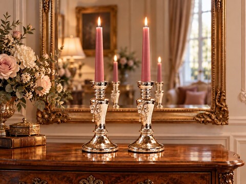 Candelabro in vetro argentato  - Sconti per Fioristi e Aziende . - Con perle H 21 E H 26