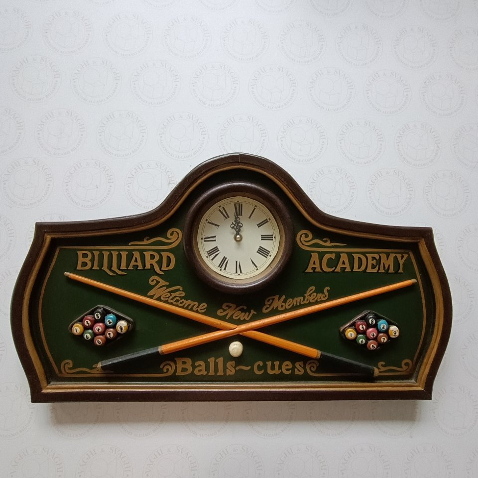 QUADRO IN LEGNO + OROLOGIO BILLIARD ACADEMY PICCOLO DIFETTO