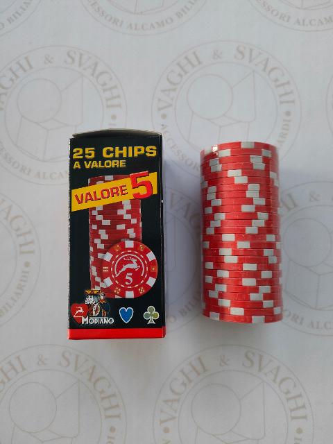 CHIPS MODIANO SET 25 PZ. ROSSO CON VALORE 5