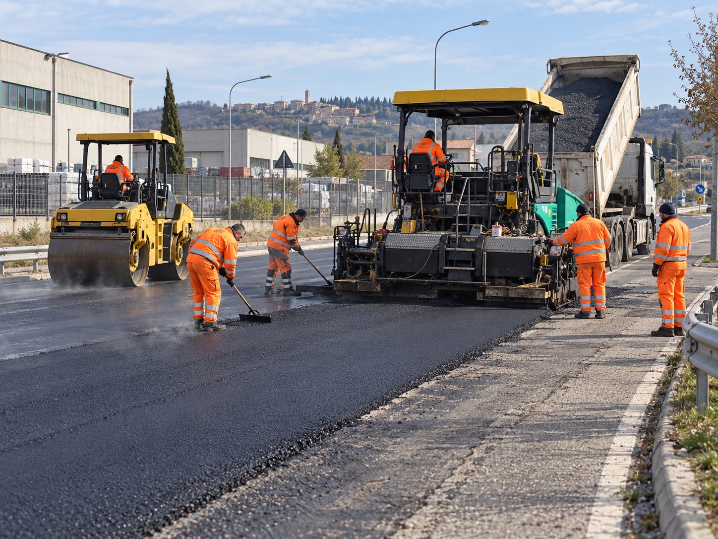 Asfaltatura strada con squadra di operai