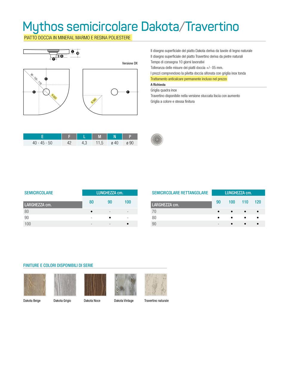 PIATTO DOCCIA MYTHOS SEMICIRCOLARE DAKOTA-TRAVERTINO Thermodesign NORMALE E BORDATO