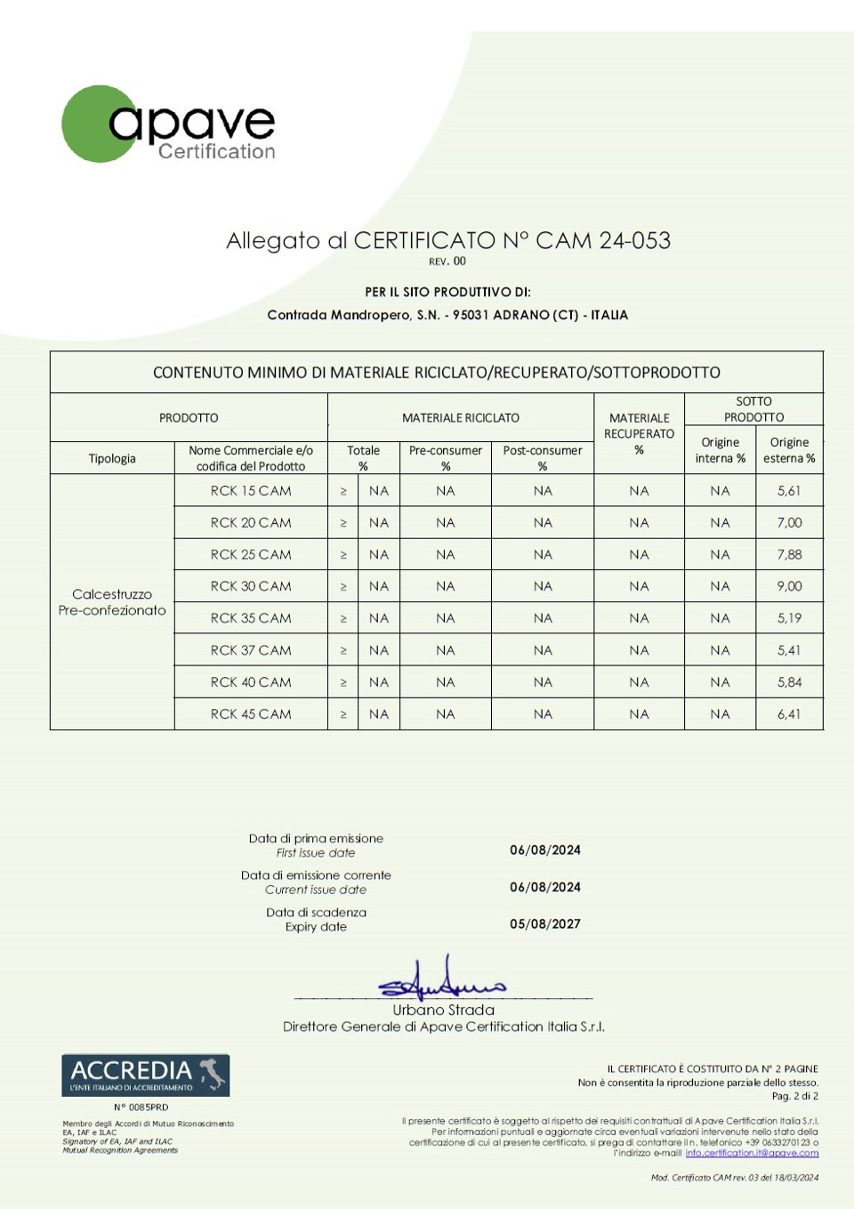 CALCESTRUZZO CERTIFICATO CAM LEANZA GROUP CERTIFICATO CAM